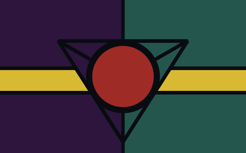 A pride flag for the Gender Abomination. Still a working title. Still a working gender. Will always be. The flag has five colours: black, purple, green, yellow, and red. The red circle is in the middle of the flag, a black lined triangle outside it, as well as a black line cutting the flag horizontally into purple and green halves. A yellow band with a black outline stretches across the middle, tying everything together.